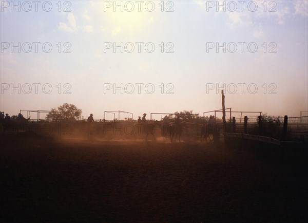 Authentic American Cowboys: 1990s Cowboys in the American west during spring branding time on a ranch near Clarendon Texas ca. 1998.