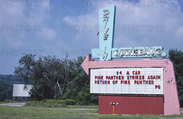 1970s United States -  Quinebaug Drive-In Theater sign horizontal view Route 131 Quinebaug Connecticut ca. 1977