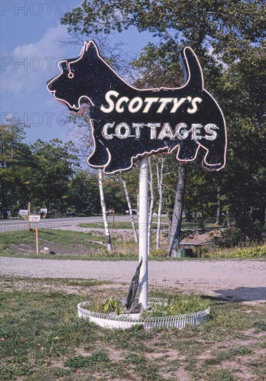 1980s United States -  Scotty's Motel sign; Au Sable Michigan ca. 1988