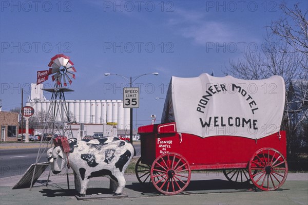 1980s United States -  Pioneer Motel sign, Route 30, Kearney, Nebraska 1980