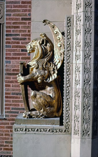 1980s United States - Brenton National Bank by Louis Sullivan, lion profile on Fourth Avenue, Grinnell, Iowa 1988