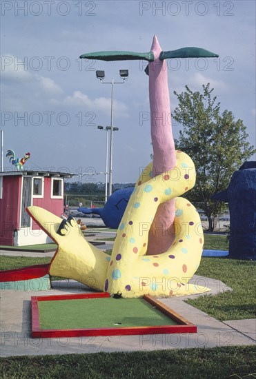 1980s America -  Sir Goony mini golf, serpeant, vertical, gray sky, Chattanooga, Tennessee 1986