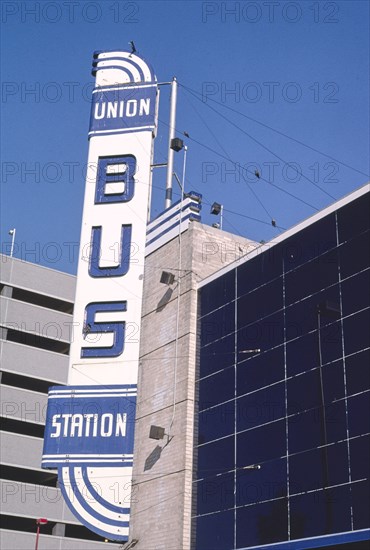 1990s America - Union Bus Station sign, Walker and Sheridan Streets, Oklahoma City, Oklahoma 1993