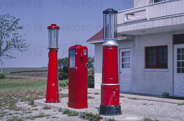 1970s United States -  Vintage gas pumps at old gas station (unknown location and date)
