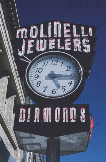 2000s United States -  Molinelli Jewelers street clock by day, Main Street, Pocatello, Idaho 2004