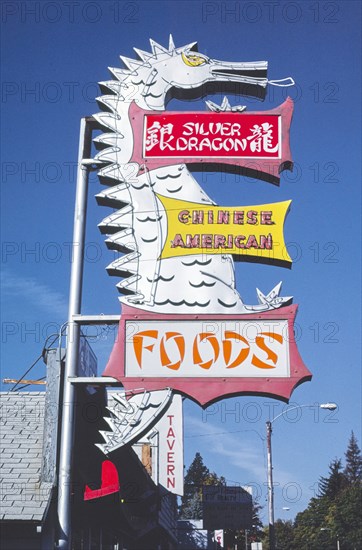 1980s America -  Silver Dragon Restaurant sign, Coeur d'Alene, Idaho 1987
