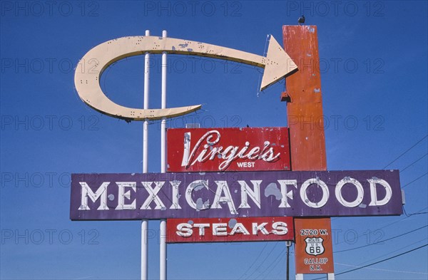 2000s America -  Virgie's Mexican Food sign, Grants, New Mexico 2003