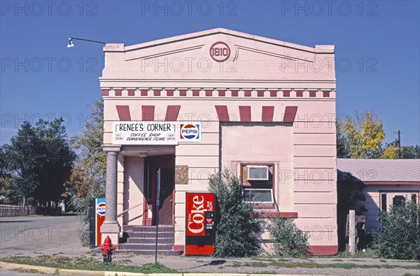 1980s United States -  Renee's Corner Cafe (bank), facade, Route 52 and Main Street, Sawyer, North Dakota 1987