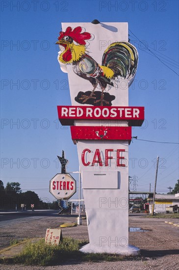 1980s America -  Red Rooster Cafe sign, Waco, Texas 1982