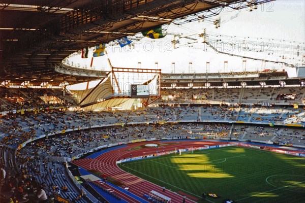 Internal view of the Stadio delle Alpi in Turin on 10 June 1990, on the occasion of the first official match it hosted, the challenge between the national teams of Brazil and Sweden (2-1) valid for the group stage of the 1990 world championship