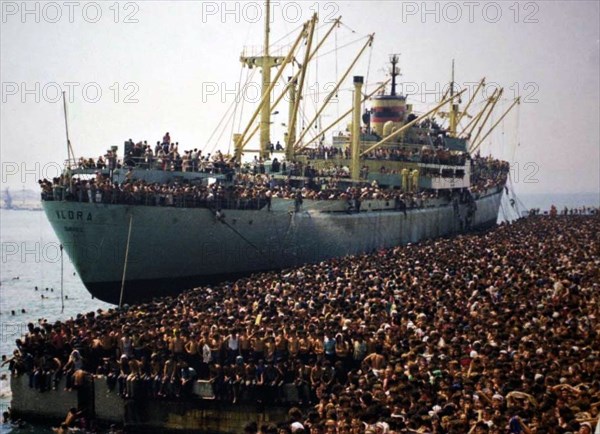 The ship Vlora docked to a quay in the port of Bari, full of Albanian immigrants 8 August 1991