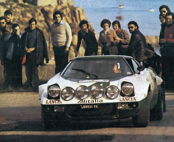 Italian rally driver Raffaele "Lele" Pinto and his co-driver Arnaldo Bernacchini on a Lancia Stratos HF (Group 4) sponsored Alitalia at Ferla special stage valid for the 1975 Rallye Sicily (Palermo — Cefalù), Italian Rally Championship ca. March 1975