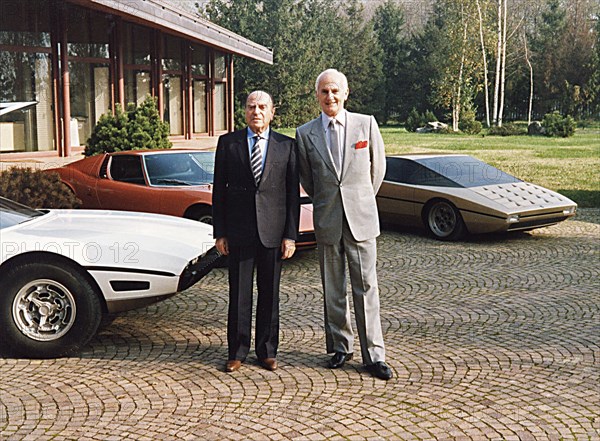 Automobile designers Nuccio Bertone (left, 1914–96) and Chuck Jordan (right, 1927–2020) at Bertone Stile, Caprie, outside of Torino in Northern Italy ca. May 1979