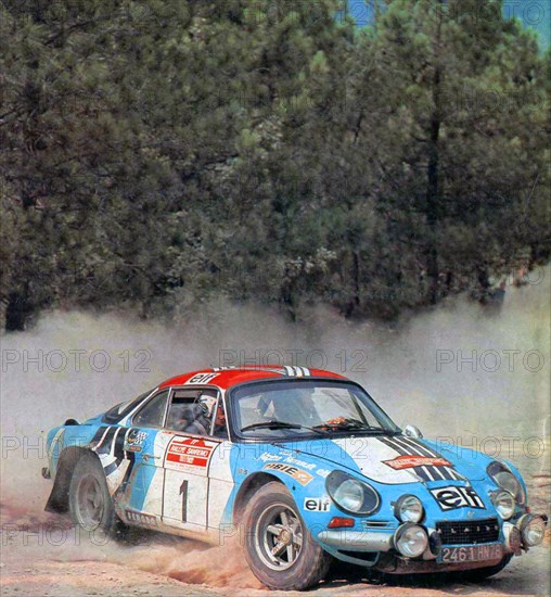 French rally driver Jean-Luc Thérier and his co-driver Jacques Jaubert on an Alpine-Renault A110 1800 (Group 4) sponsored Elf Aquitaine at the 1973 Rallye Sanremo ca. October 1973