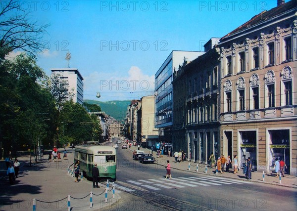 A westbound PCC tram bought from D.C. Transit in Washington, D.C. running on Line 3 in Sarajevo, Yugoslavia, in the 1960s