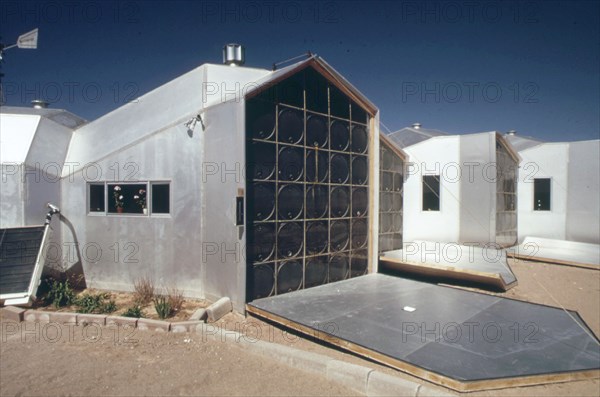 Close up a solar heating panel in a modular house built near Corrales, New Mexico..., 04 1974