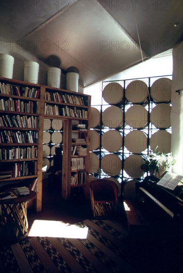 Den of a modular solar-heated house built near Corrales New Mexico..., 04 1974