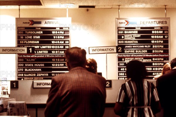 Amtrak information and ticket counter in Chicago's Union Station, one of the busiest in the corporation's system, June 1974