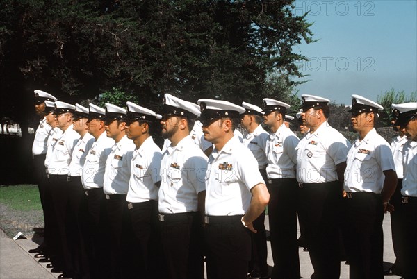 Navy personnel stand at parade rest during an inspection