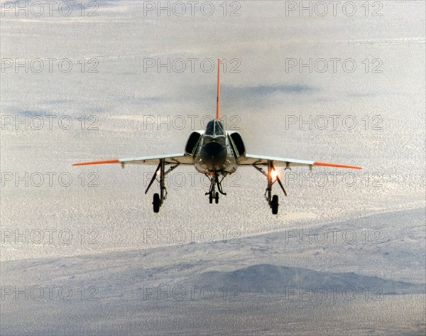 Eclipse program F-106 aircraft in flight, front view ca. 1997
