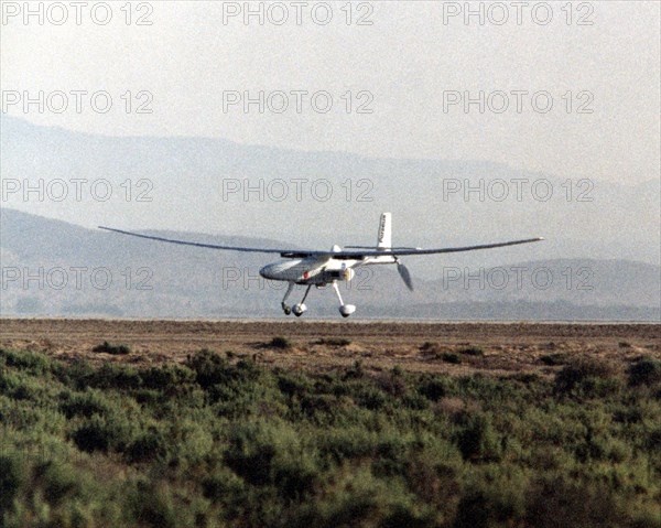 Perseus B Heads for Landing on Edwards AFB Runway - The Perseus B remotely piloted aircraft nears touchdown at Edwards Air Force Base, Calif. at the conclusion of a development flight at NASA's Dryden Flight Research Center ca. 1997