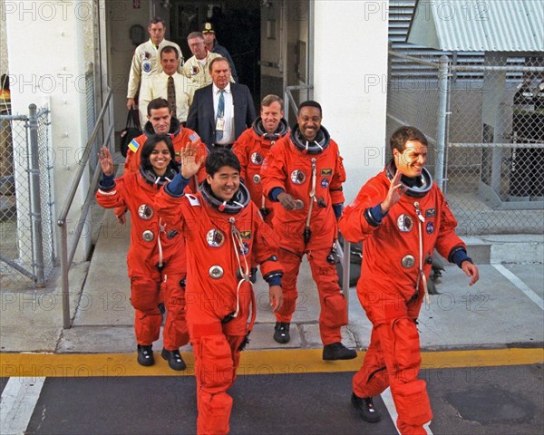 The STS-87 crew participates in Terminal Countdown Demonstration Test activities at Launch Complex 39B ca. 1997