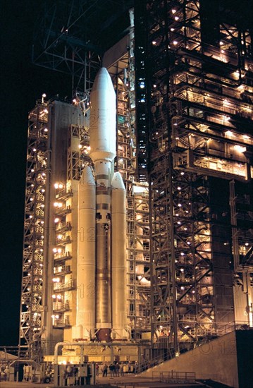 At Launch Complex 40 on Cape Canaveral Air Station, the Mobile Service Tower is rolled away from the Titan IVB/Centaur carrying the Cassini spacecraft ca. 1997