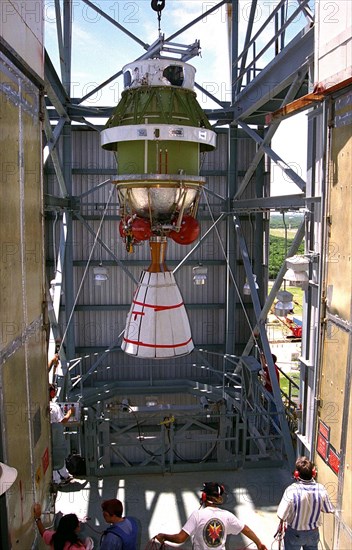 The second stage of the Delta II rocket which will to be used to launch the Advanced Composition Explorer (ACE) spacecraft is erected at Launch Complex 17A at Cape Canaveral  ca. 1997