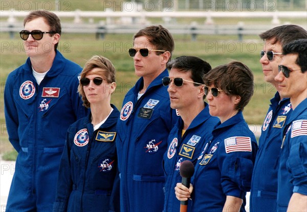 The Space Shuttle Mission STS-83 crew talks to the media at Launch Complex 39A ca. 1997