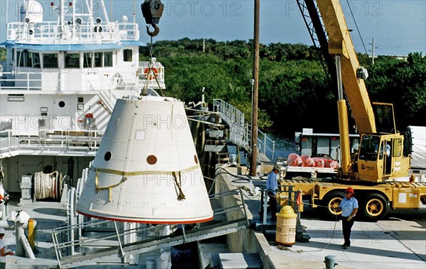 The frustum of a forward skirt assembly of a spent solid rocket booster (SRB) from the STS-87 launch on Nov. 19 is transported into the Hangar AF area at Cape Canaveral Air Station ca. 1997