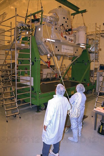 The CRISTA-SPAS payload, manifested on Space Shuttle Mission STS-85, is placed in the transport canister ca. 1997