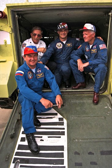 STS-86 crew members get a ride in, and learn to operate, an M-113 armored personnel carrier as part of training exercises during the Terminal Countdown Demonstration Test (TCDT)