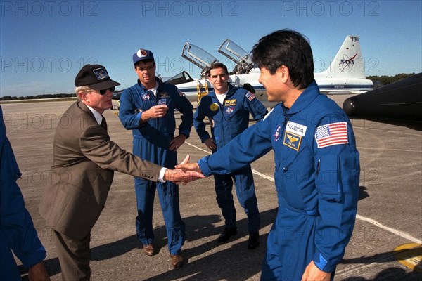 In preparation for Space Shuttle Mission STS-87, the crew arrives at the Kennedy Space Center Shuttle Landing Facility to participate in the Terminal Countdown Demonstration Test (TCDT) for their mission ca. 1997