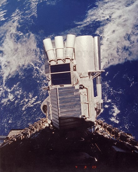 In this photograph, the instruments of the Astro-1 Observatory are erected in the cargo bay of the Columbia orbiter. Astro-1 was launched aboard the the Space Shuttle Orbiter Columbia (STS-35) mission on December 2, 1990.
