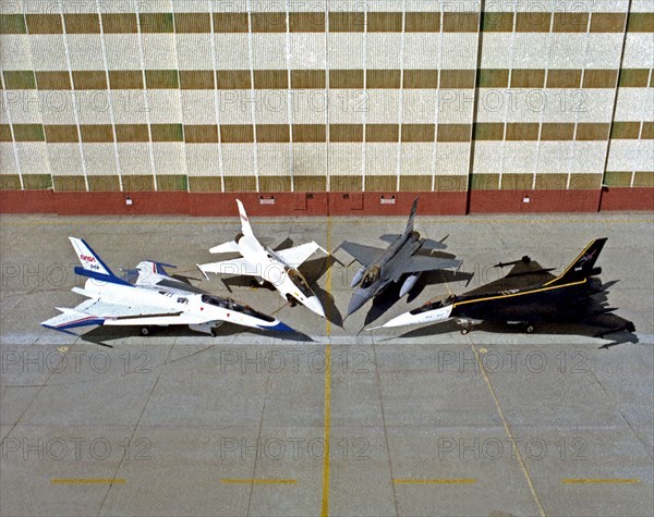 DFRC F-16 fleet 1997 - F-16XL Ship #2, F-16A, AFTI F-16, and F-16XL Ship #1