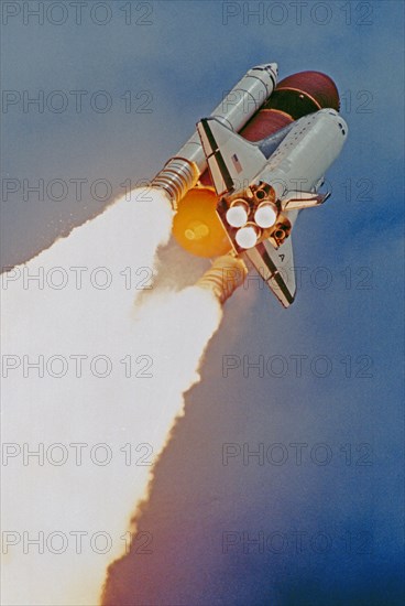 The space shuttle Columbia, with a seven-member crew aboard, soars toward a nine-day mission devoted to life sciences research. Launch was at 9:24:51 a.m. (EDT), June 5, 1991.