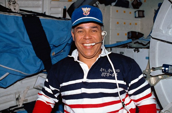 (24 Nov-1 Dec 1991) --- STS-44 Commander Frederick D. Gregory wears a cap honoring his alma mater, the United States Air Force (USAF) Academy, on the middeck of Atlantis, Orbiter Vehicle (OV) 104.