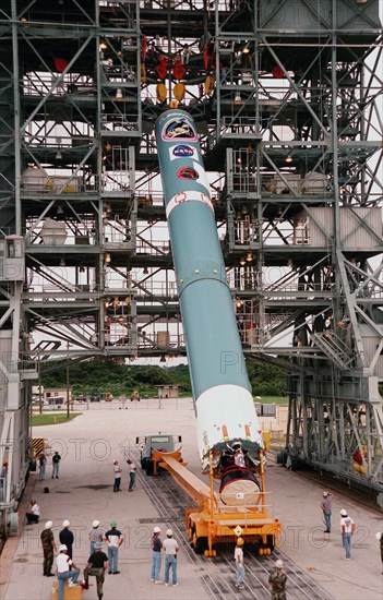 1998 - The first stage of Boeing's Delta 7326 rocket, which will be used to launch the Deep Space 1 spacecraft, arrives at Pad 17A at Cape Canaveral Air Station.