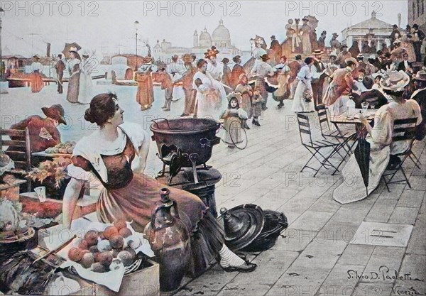 Market and street cafe on the riva degli schiavoni in venice