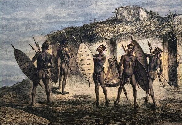 Männer vom Stamm der Wahehe in Deutsch-Ostafrika im Jahre 1880