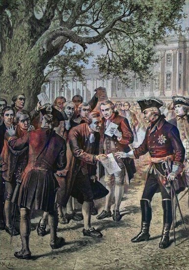 Friedrich der Große nimmt unter der Bittschriftenlinde in Potsdam die Gesuche aus den Händen Bedürftiger entgegen