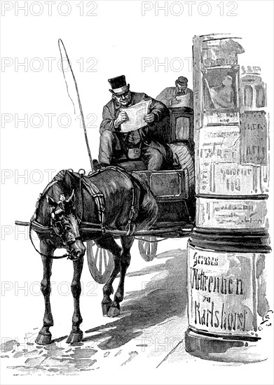 Cab driver stands with his carriage next to an advertising pillar and reads newspaper