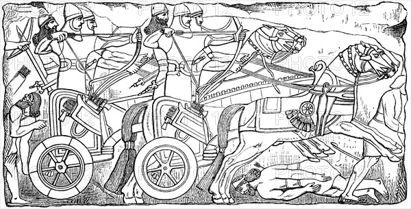 Assyrian warriors with battle chariot