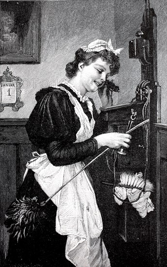 Maid uses the telephone on January 1 for a New Year's greeting