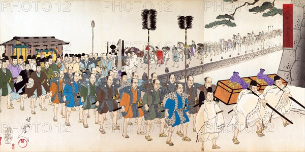Procession at Chiyoda castle with priests and samurai