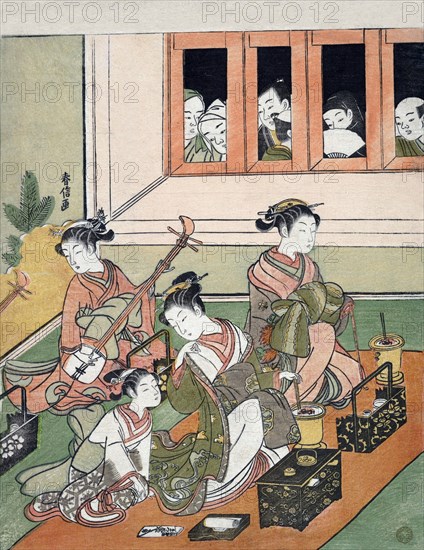 Men in window watch over picnicking girls