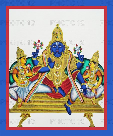 Four-armed Vishnu sits in lalitasana