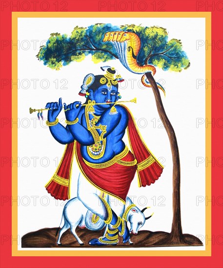Blue-complexioned Krishna plays the flute