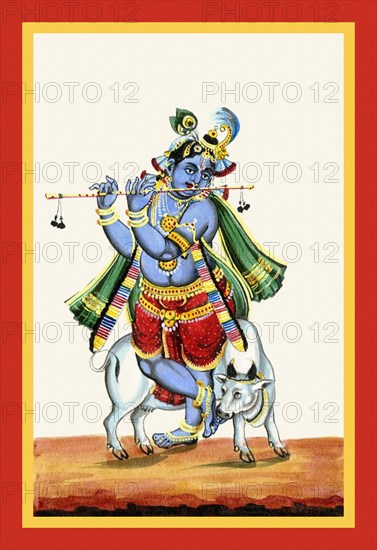 Krishna with his feet in padasvastika and playing the flute