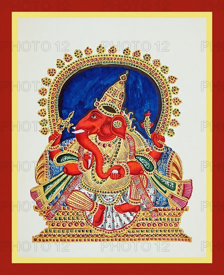 Ganapati seated in lalitasana on a throne